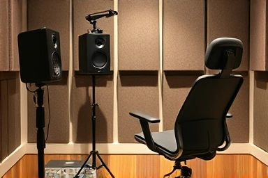 Detailed view of music studio equipment setup and acoustic treatment.